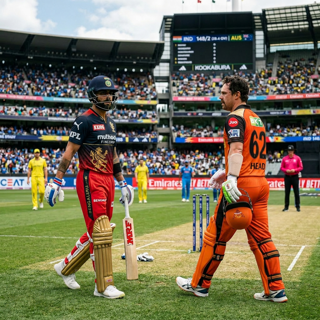 Cricket players from India and Australia walking on the cricket pitch during a match with spectators in the background