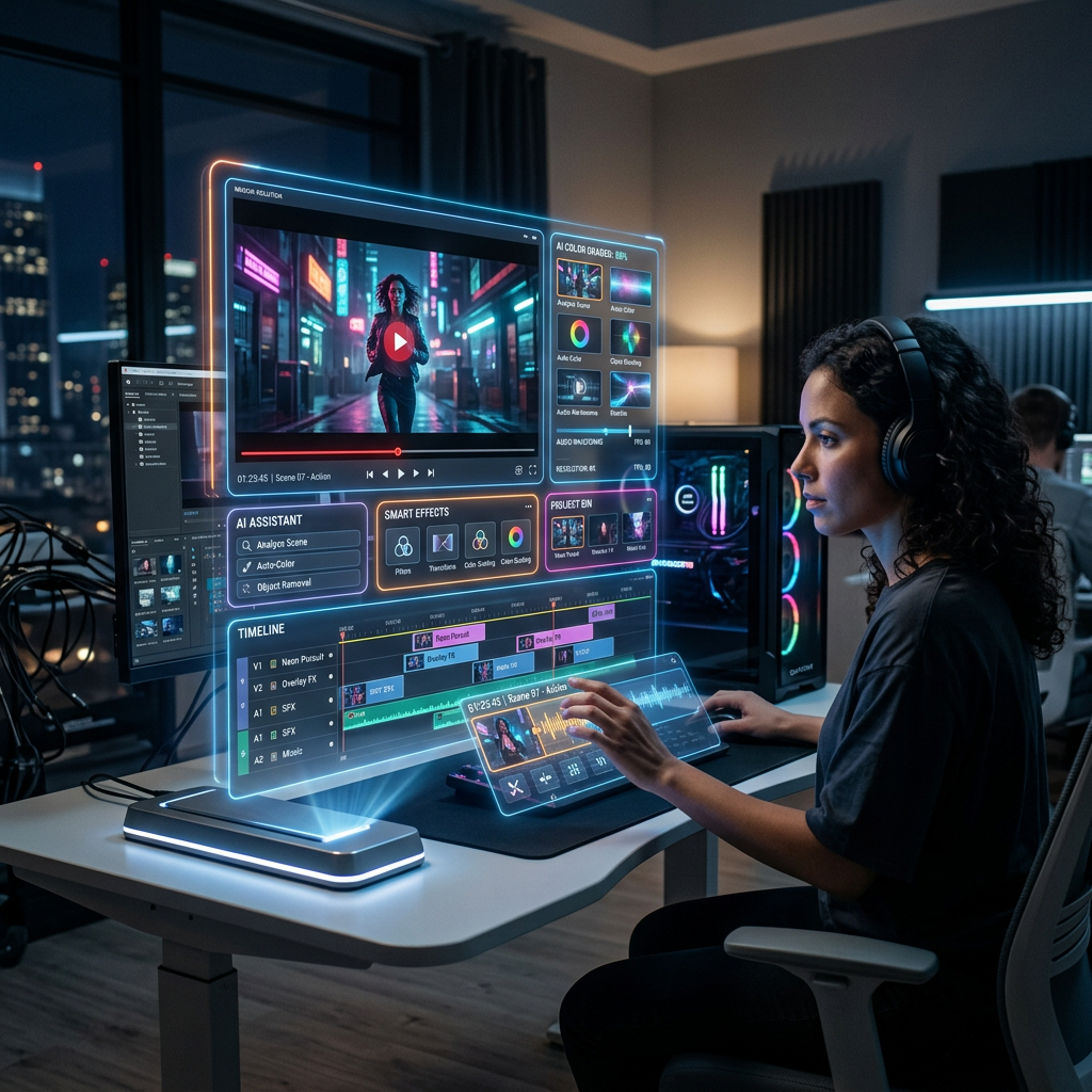 Woman editing video using holographic AI video editing interface in a studio at night