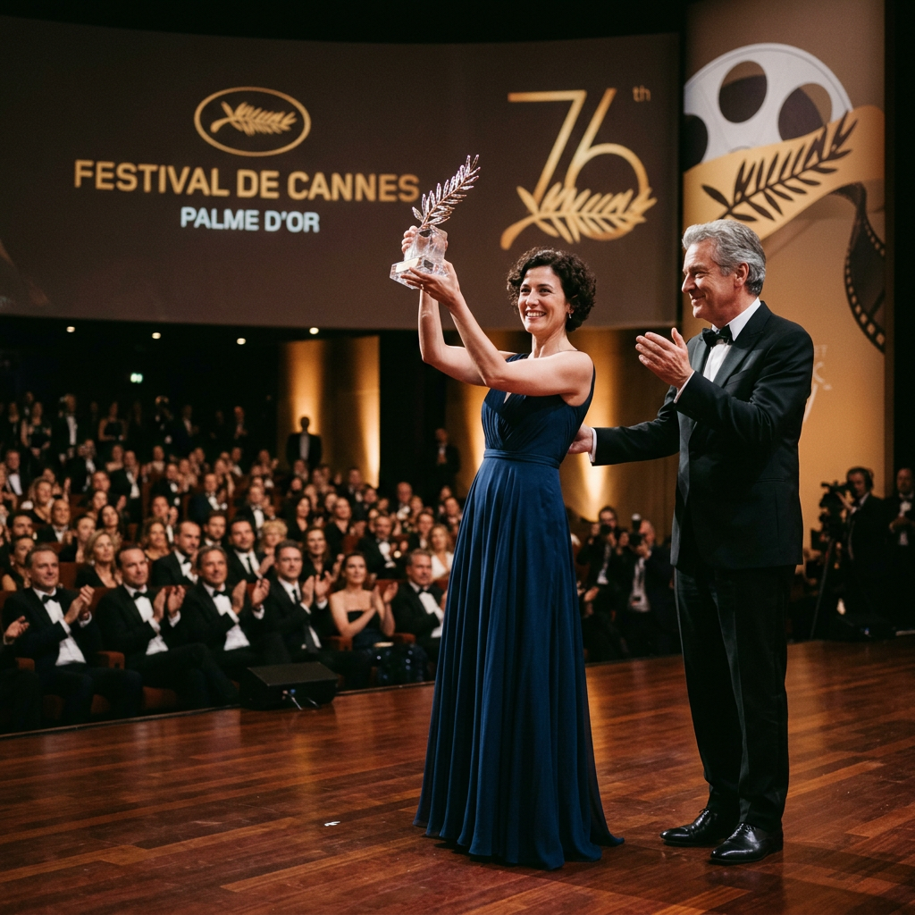 Woman holding Palme d'Or trophy with man clapping at Cannes Festival 76th edition award ceremony