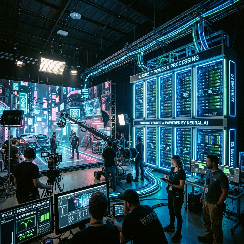 Film crew working with AI render farm and processing servers on futuristic film set