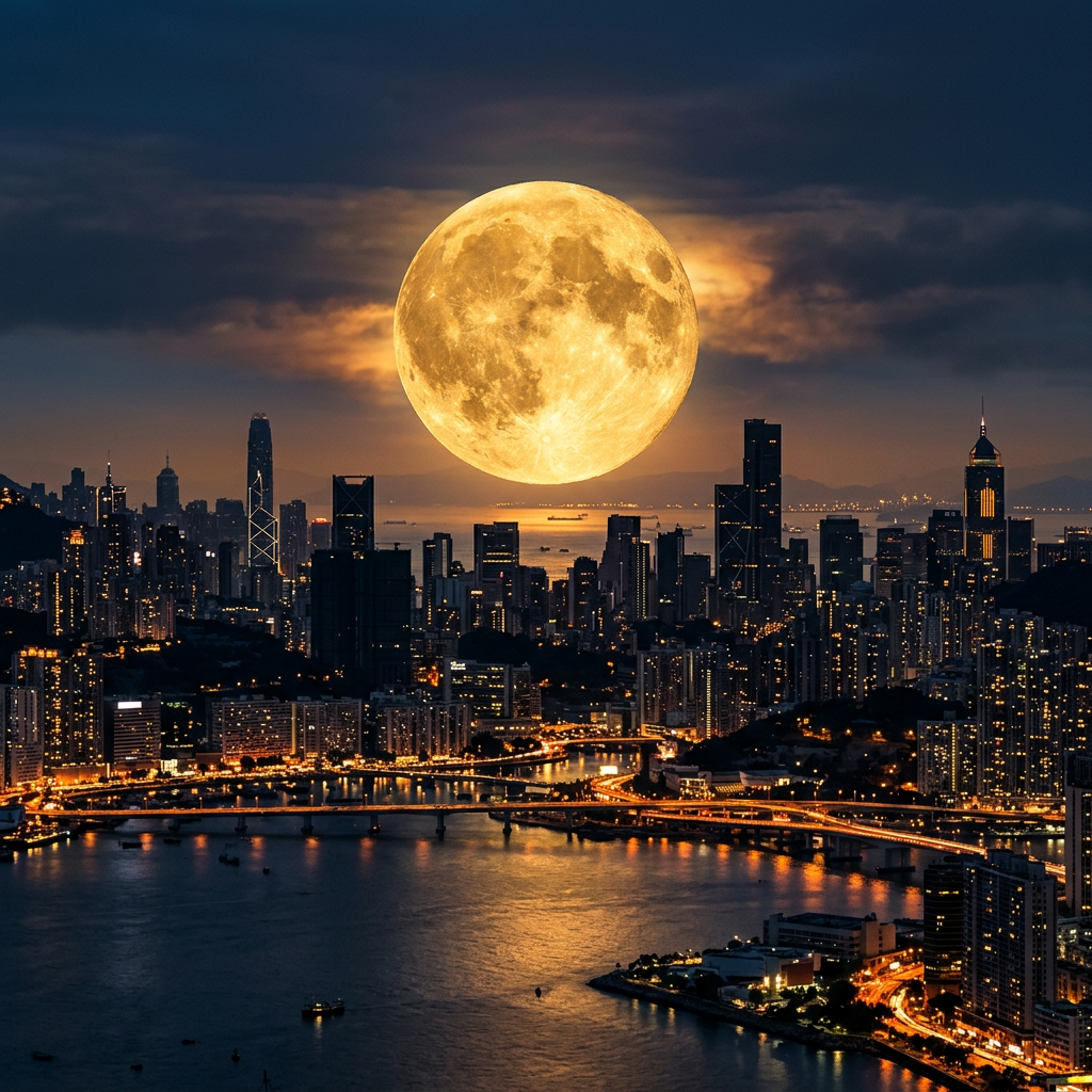 City skyline with full moon rising above skyscrapers at night