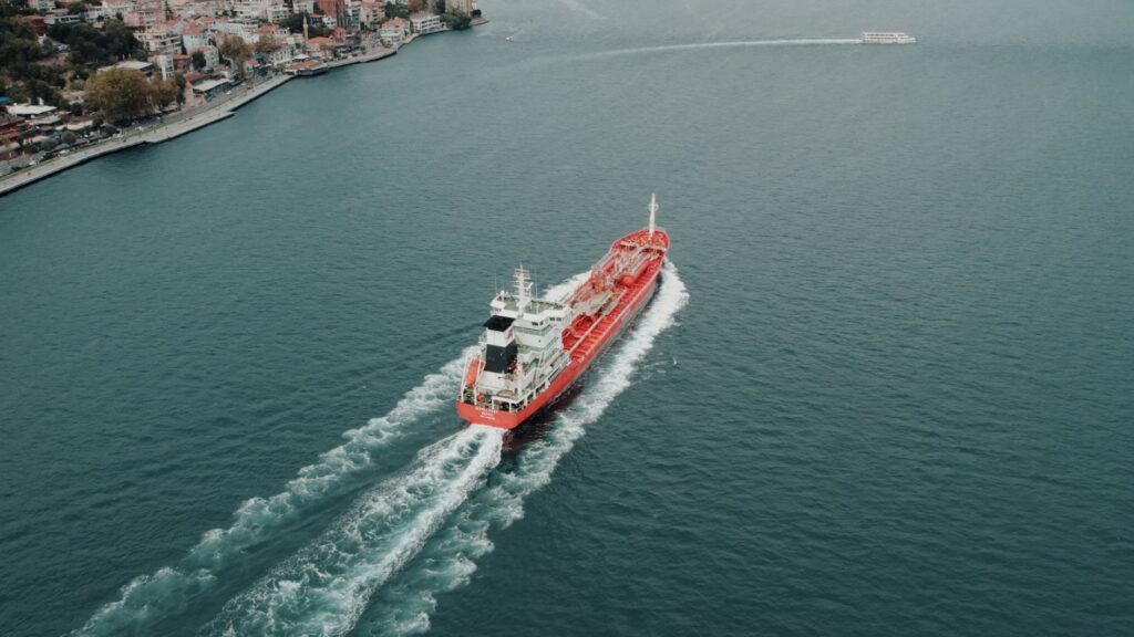 aerial view of cargo ship in bosphorus strait