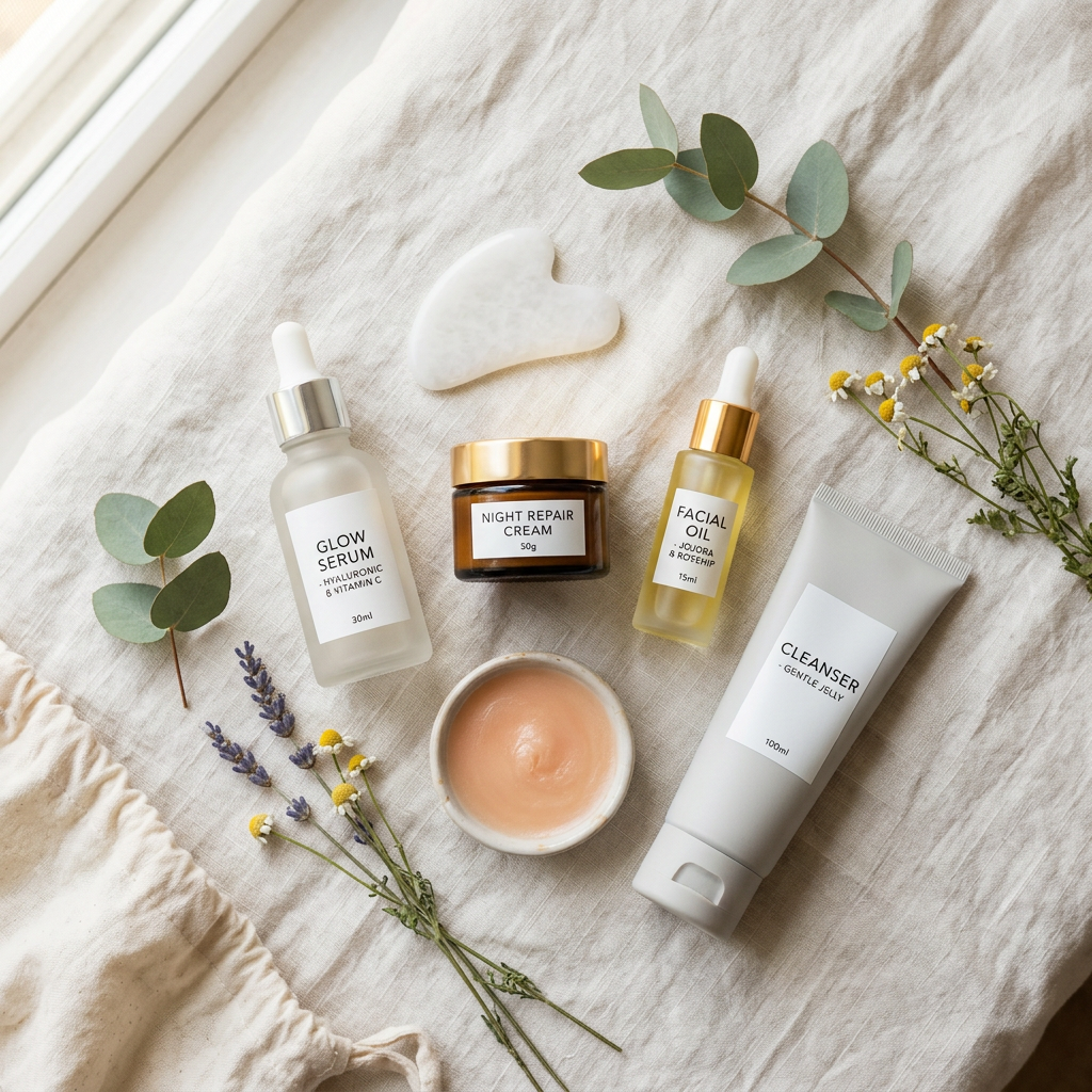 Skincare products including glow serum, night repair cream, facial oil, cleanser, and a gua sha tool on fabric with green leaves and small flowers