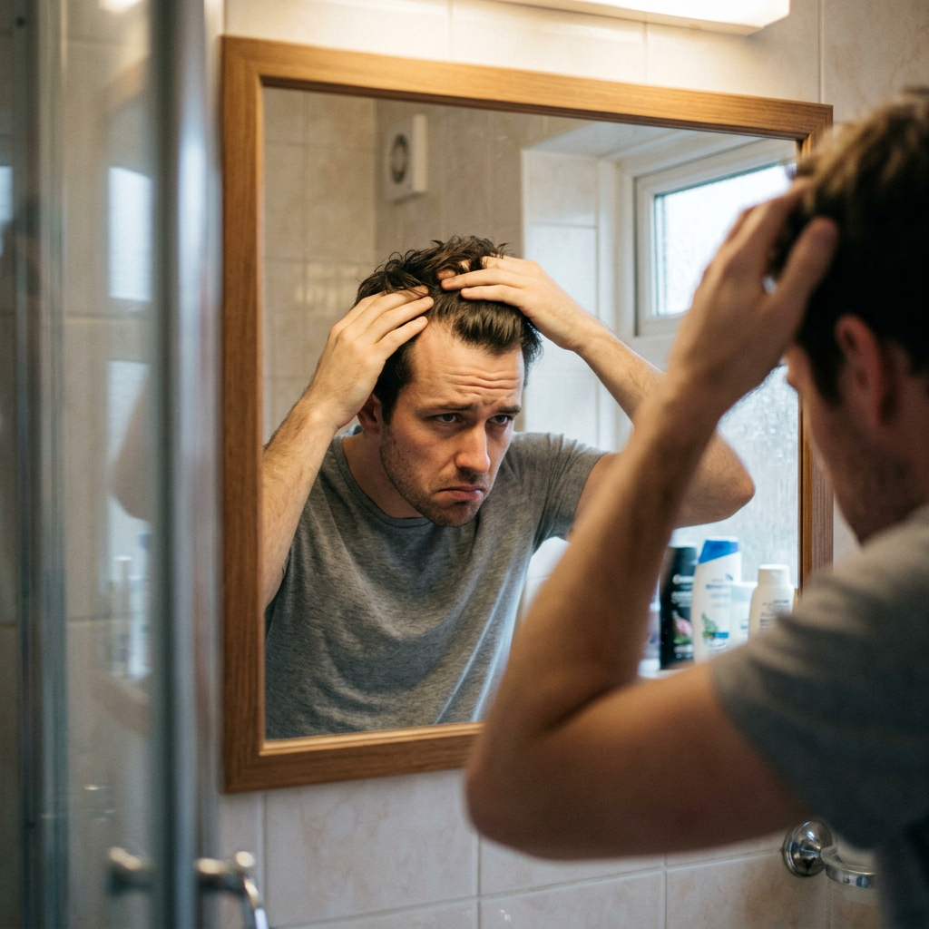 Man looking at his hair in bathroom mirror with concerned expression