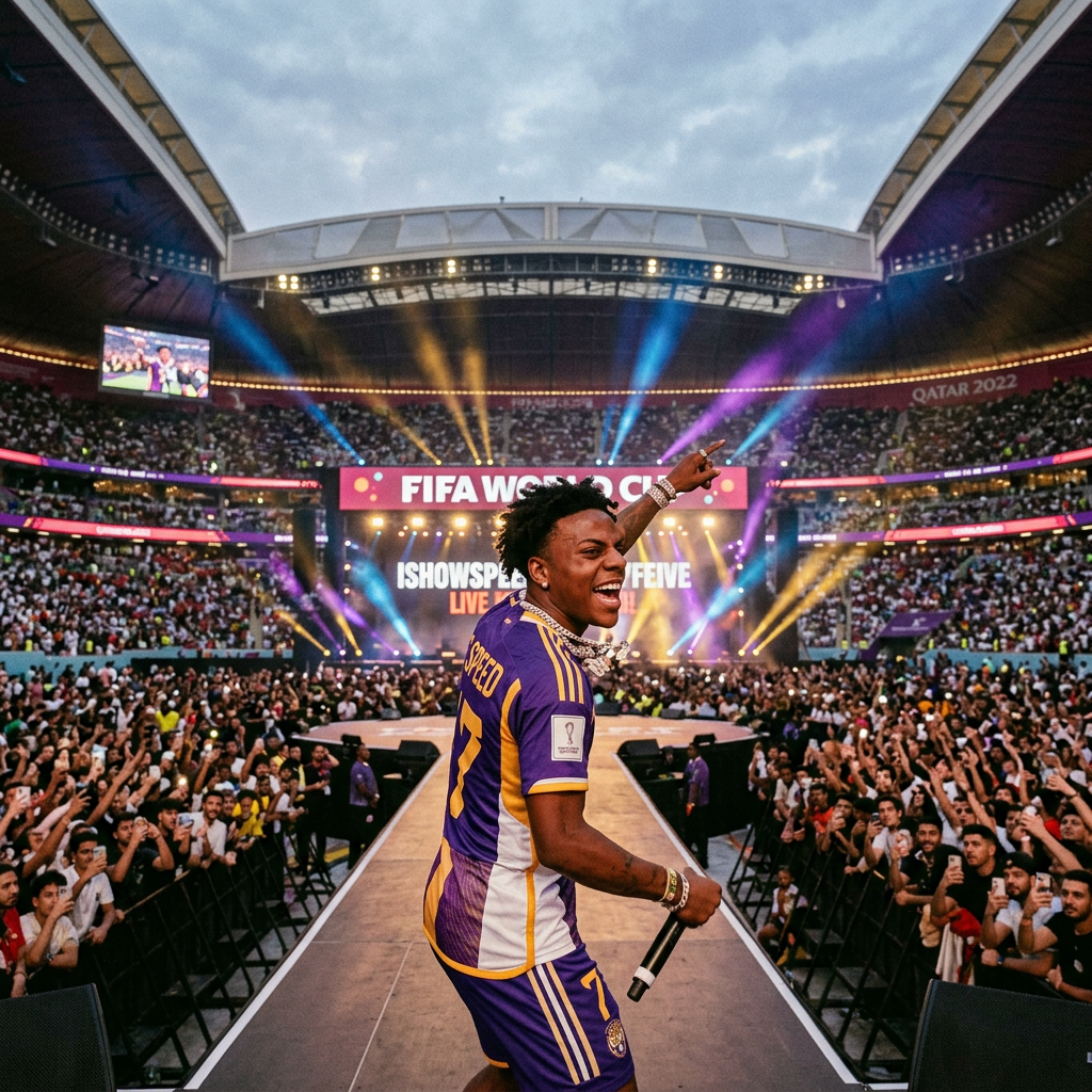A musician wearing a purple and yellow jersey performs on stage in front of a large crowd with colorful lights