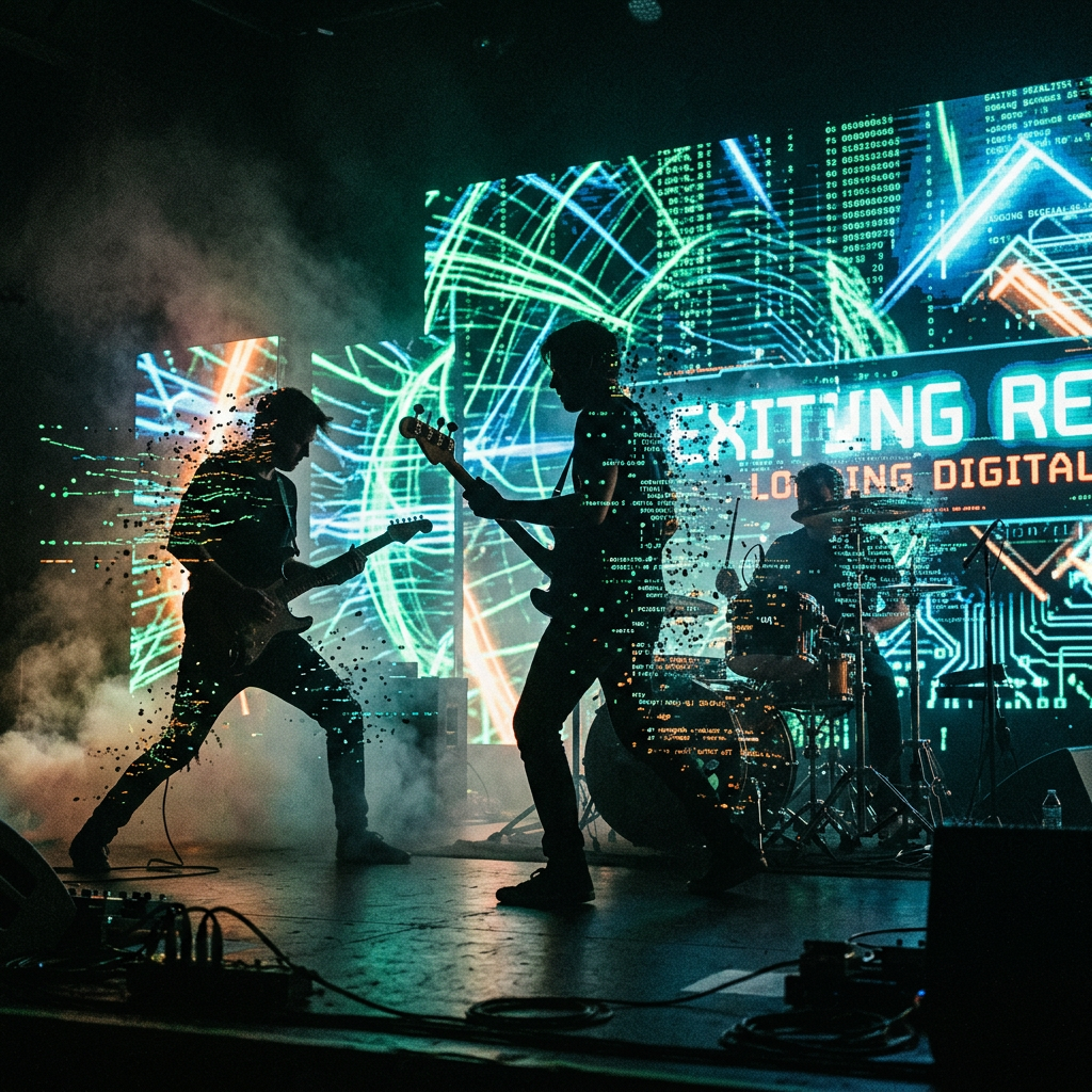 Silhouetted band members playing guitar and drums on stage with colorful digital background
