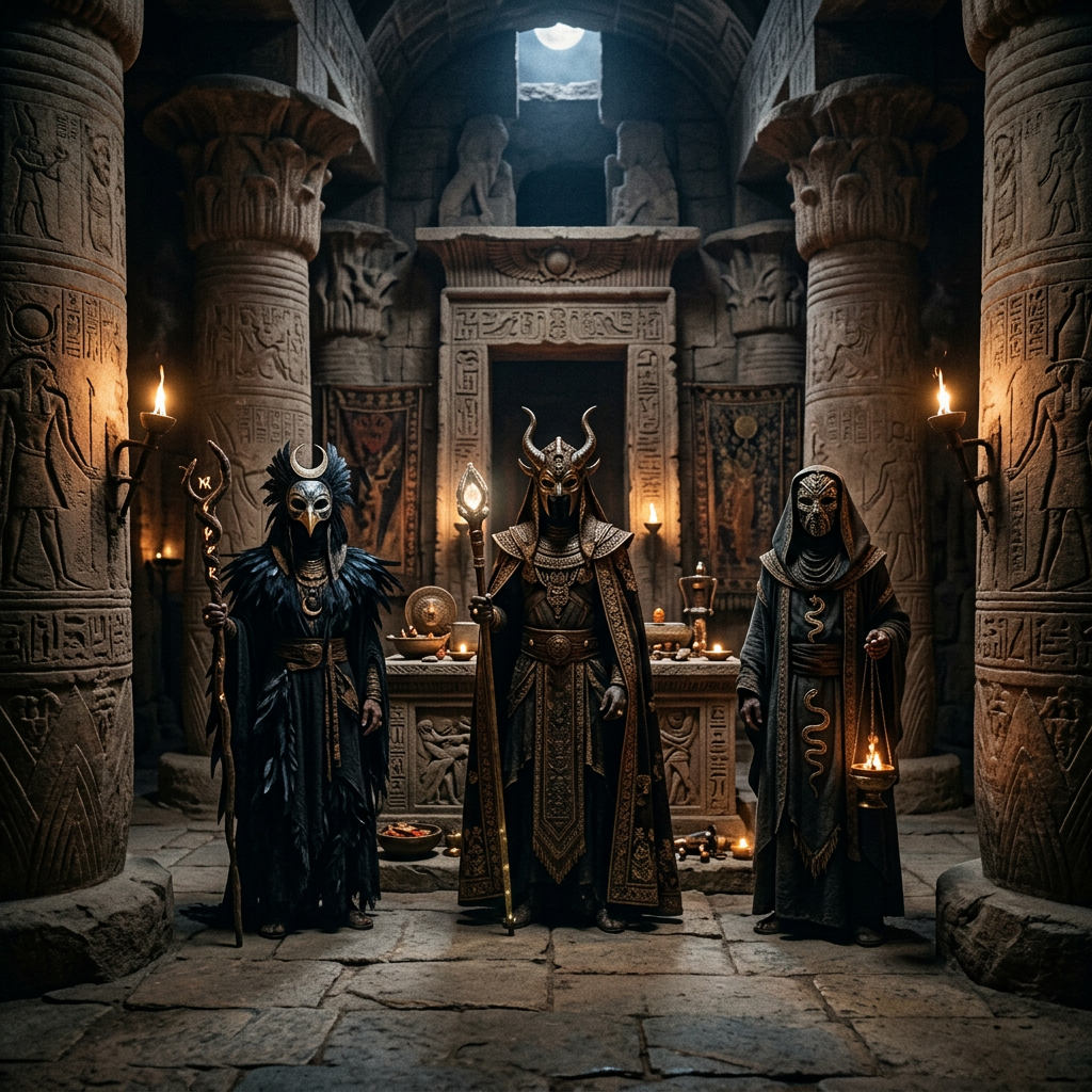 Three hooded figures in ornate robes holding staffs and ritual objects inside a dimly lit temple with hieroglyphs and stone pillars